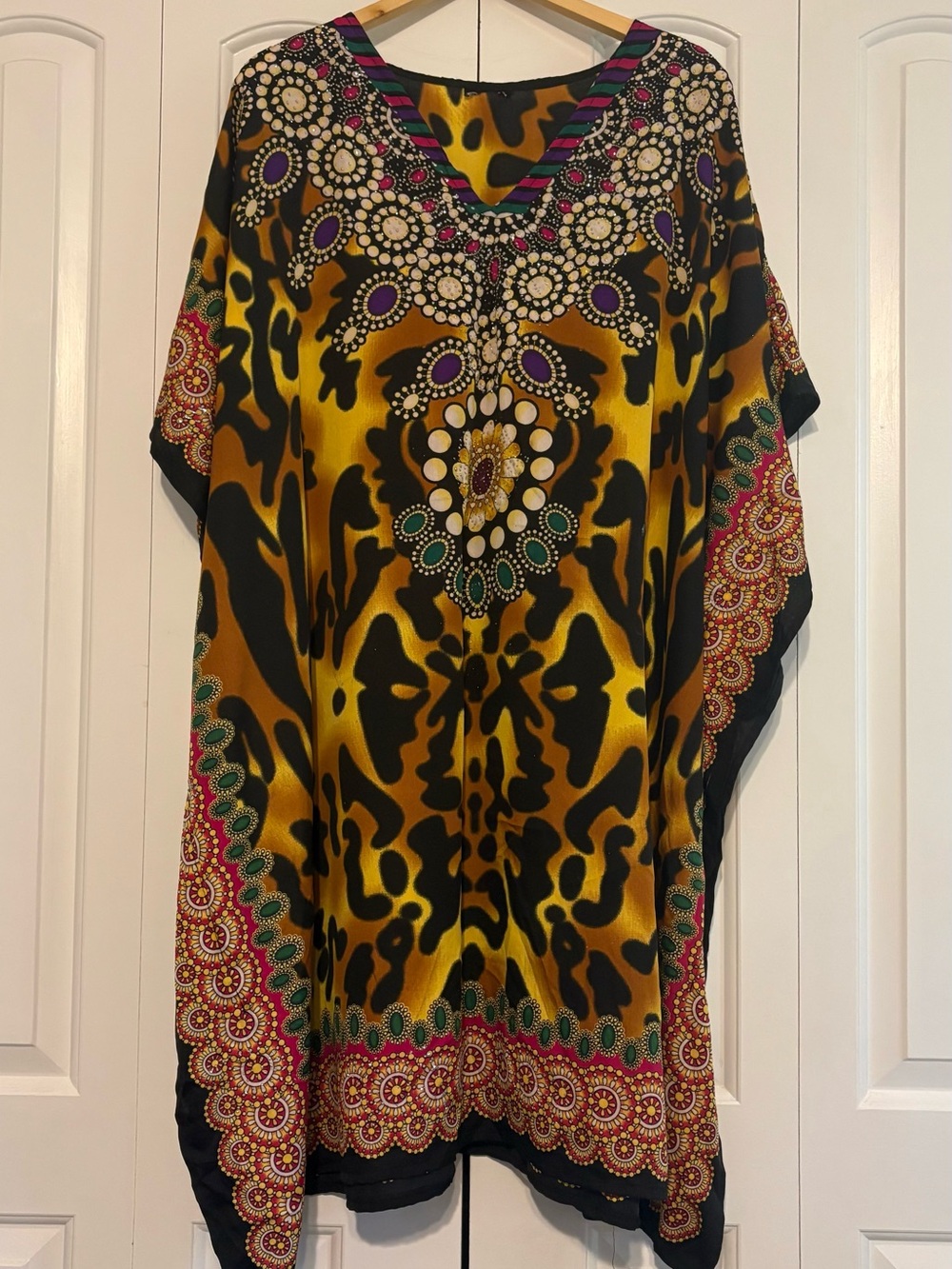 Vibrant Leopard Print Caftan Tunic / Loungewear / Cover-up with Beaded Motif, OS